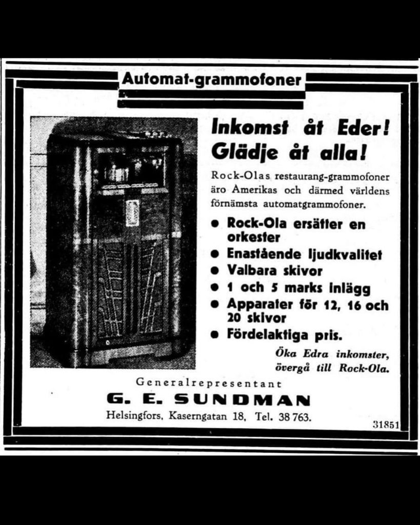 G. E. Sundmans annons om Rock-Olas automat-grammofon.